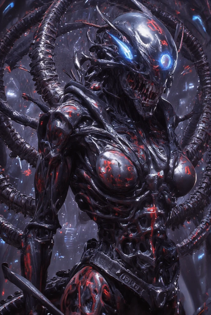 a portrait of Megan fox as armored carnage, (red carnage skinless muscular bio-mecha armor:1.25), (mouth wide open, carnage style:1.25), (upper body view:1.25), Realistic, Very detailed face and eyes, (masterpiece:1.1), (beautiful girl face:1.45)