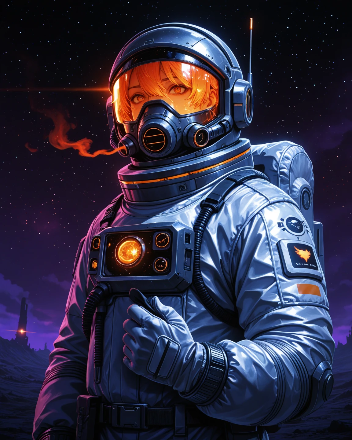 ((Masterpiece)), (Best Quality)), 8K, high detail, hyper-detail, the painting depicts a scene of breathtaking magnificent spatial images. The picture shows a man wearing a spacesuit, facing back, looking at a orange glowing planet in space. The scenes are extremely detailed and the clarity is extraordinary, capturing every intricate detail of the panorama.