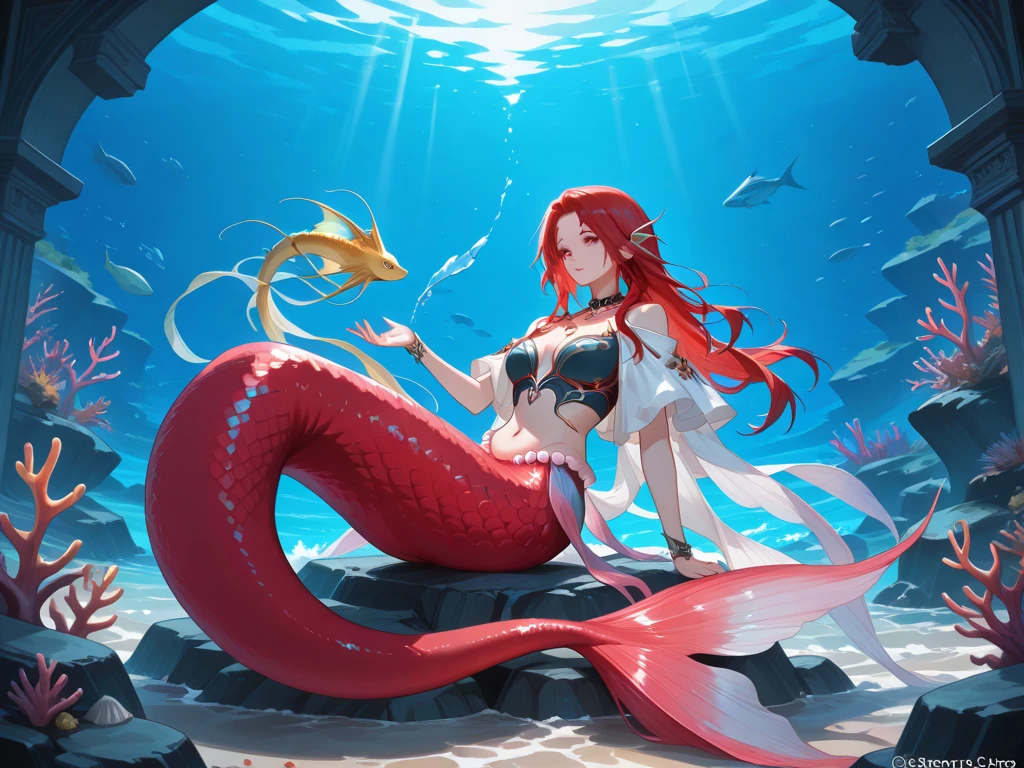 (best quality,4k,8k,highres,masterpiece:1.2),ultra-detailed, Pretty 15 years old princess magically transformed into a beautiful mermaid, race swap, fantastic transformation, steampunk, long and detailed mermaid tail below waistline, fins ears, shimmering red fish scales, drawn in anime style, very long twintails red hair, sharp teeth, is smiling, pink eyes, small breast, long pelvic and dorsal fins, pair of fish gills on the torso, seashells bra, starfish hair clips, pearl earrings and bracelets, pearl necklace, hair ribbons, gold tiara, in castle bathroom, sitting in a luxurious bathtub, new beautiful body, she’s smiling,embracing her new life has a mermaid, brushing her hair and holding a small mirror,magical glow,shimmering scales, joyful expression,dynamic composition,soft and smooth lines,expressive facial features, Highly detailed, masterpiece, high quality, 4K.
