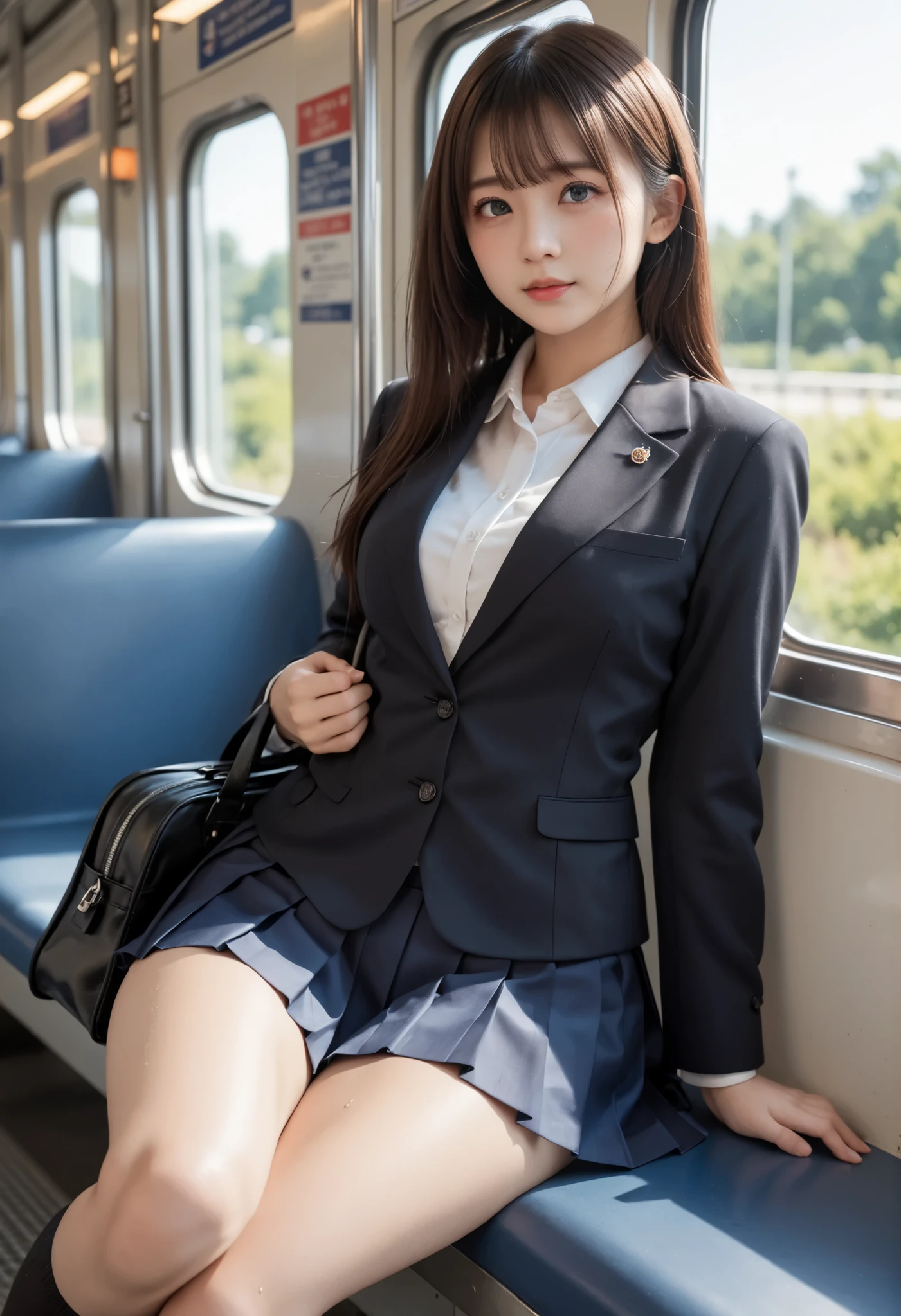 score_9, score_8_up, score_7_up, score_6_up, score_5_up, score_4_up, high resolution, 4K, solo, beautiful Japanese high school girl, detailed eyes, detailed cute face, look for another side, sweat, black blazer, white blouse, a red ribbon, pleated skirt, black sox, loafers, brown hair, middle breast, sitting on train seat, (wide hip:1.4), detailed glossy (thick thigh:1.3), focused on skirt, panties (slightly:0.7) visible, both hands on skirt, (from front:1.2), school bag on train seat, perfect lighting, perfect brightness, joint of leg from side,