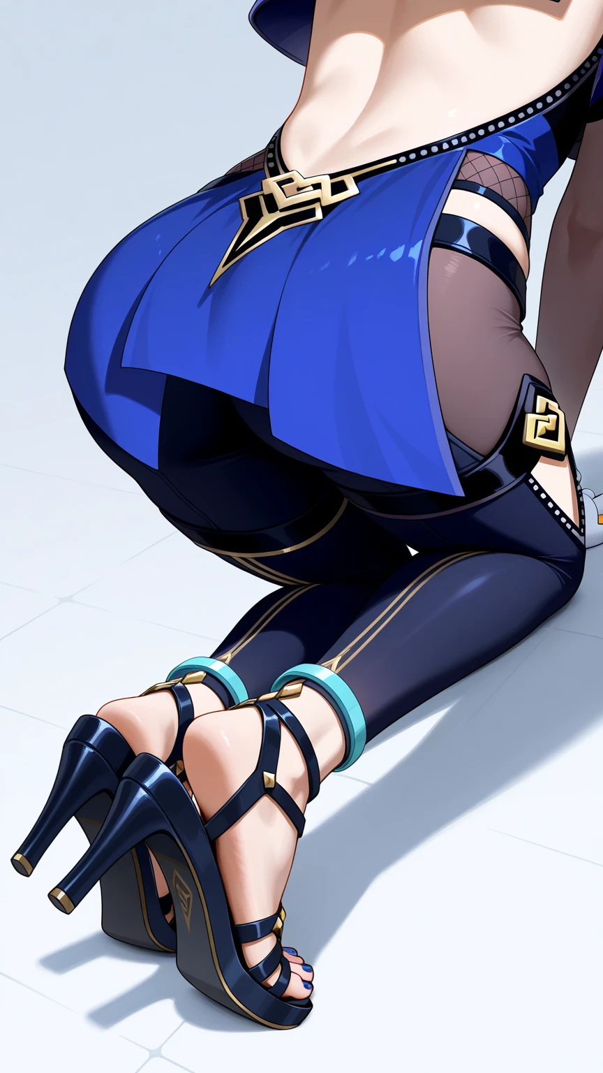 Ahsoka con black pantyhose, from ahead, with thin and not high blue heels, loincloth and blue top, black pantyhose, lying down, sexy model body