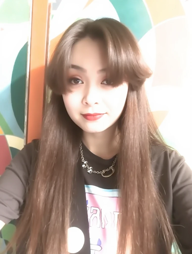 a close up of a person holding a heart shaped object, with long hair, brown long hair with bangs, with lovely look, brown colored long hair, very very low quality picture, with brown hair, ruan cute vtuber, she has long orange brown hair, lovely smile, with a beautifull smile, long hair with bangs, long hair with full bangs
