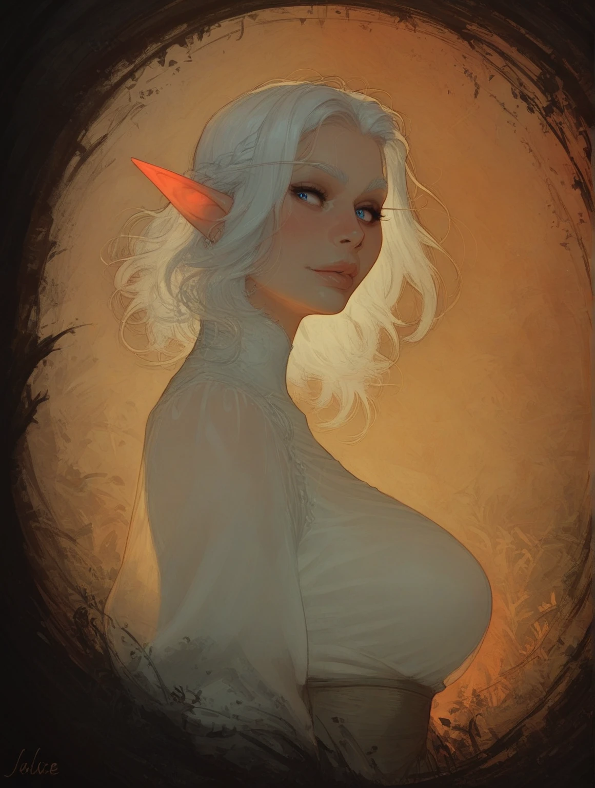 masterpiece, best quality, extreme detail, 8k, image sharpness, Ultra detail hair, beautiful woman, ultra detail face, perfect eyes, perfect face,1girl , pointy ears, white hair, long hair, lipstick, makeup, black eyeshadow, jewellery, bracelet, big breasts, wide hips, thick thighs, sci-fi, cosmic scenery, alien planet, esoteric, occult, black magic, satori, witchcraft, sexy pose, colorful image,