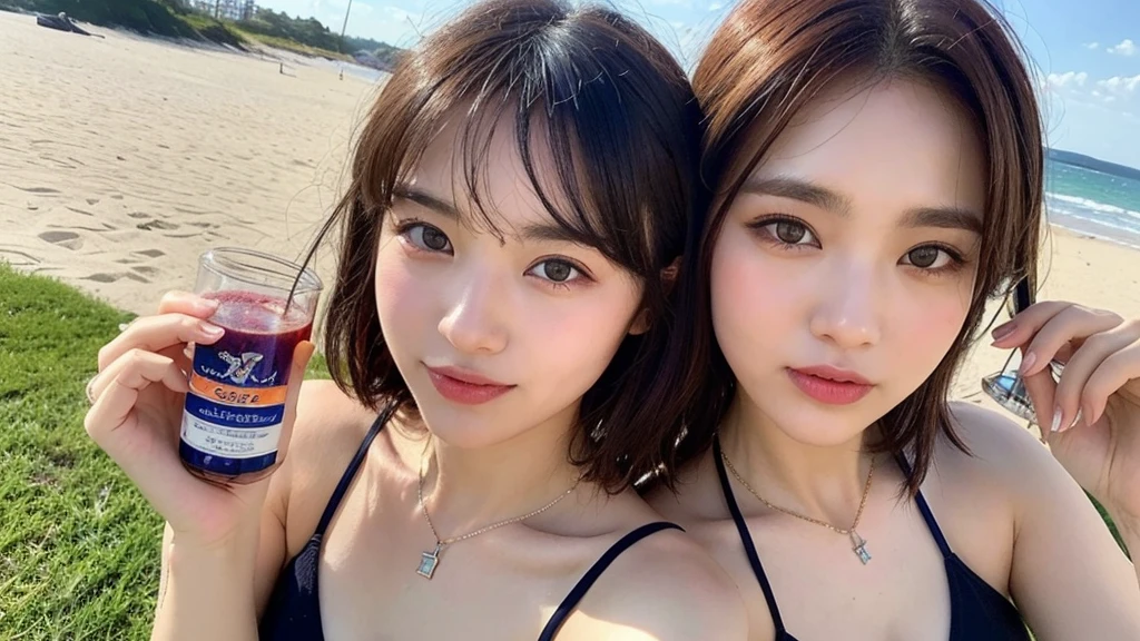 ((Photorealistic lighting, highest quality, 8k, masterpiece:1.3)), sharp focus:1.2, viewer discretion advised (New South Wales) (New South Wales) (New South Wales):1.2, ((realistic)), ((natural light, highest quality)), model-like figure:1.4, (dark brown hair, chest out:1.2), short hair, setting, backshot, (25 years old:1.3), highly detailed face, detailed eyes, double eyelids, necklace, wristband, eyeliner, colorful bikini, (large), (seaside, beach, sandy shore, drinking alcohol)