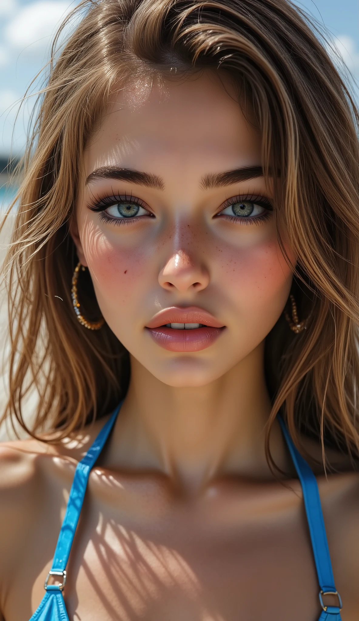  [Style: "masterpiece, realistic, (photorealistic Realism), ultra-detailed, Hyper high resolution" - "(Hyper quality, intricate ultra-detailed digital art)"](Key Directive: - ("The priority is the anatomical accuracy and texture of the materials" - "Ultra-sharp human eyes with biological accura", Beautiful Girl, "ultra details Eyes: (acid-resistant terminology) (macro-details:1 . 5): * Moist corneal surface (visible aqueous layer:1 . 2) * Hyper-detailed iris stroma ((brown) with gold flecks) * Precise limbal ring (slightly darker pigmentation:1 . 22) * Pupil micro-texture (irregular edge authenticity:0 . 9) * Vasculature in sclera (subtle red veins radiating from limbus)" - "Lashes: blue individual synthetic fibers (crosshatched roots:1 . 2 , clump-free separation)" Technical Specs: (Optics: - "Zeiss Otus85mm f/1 . 4 lens (eye refraction calculations:1 . 3)" - "Shutter Speed:1/500 (freeze eye micro-movements)" - "Focus Stacking:7-point coverage on iris plane") (Post-Processing: - "Frequency separation for skin vs eye details" - "Selective sharpening: eyes180%,hair120%" - "Denoise: luminance20,color35(retain corneal speculars)", BRAKE , perfect face, perfect symmetrically eyes, perfect lips, flexible female form, Underexpose Lighting, slim body, (discret smile, gentle expression), Skin\(white,pale,smooth,silky,shiny\), Hair\(Long yellow hair:1.2),(extremely detailed,low Twin tails:1.2),x Hair accessories,(hair ribbon:1.25\)), BRAKE , wearing\(wear pink ribbon sling string swimsuit, (narrow:1.25)),((wear a One-piece micro slingshot swimsuit (made entirely of black ribbon in the form of a micro strings:1.4))), Open your mouth,smile,abdomen,chest,hip,thighs,Earrings,jewelry,(Super detailed figure:1.2\), BRAKE , Simple Background,(Rendering engine: "Unreal Engine 5 path tracing, 16K texture maps") Anisotropic Filtering,Maximum Sharpness and Sharpness,Albedo and Specular maps,Surface Shading,Precise simulation of light-material interactions
