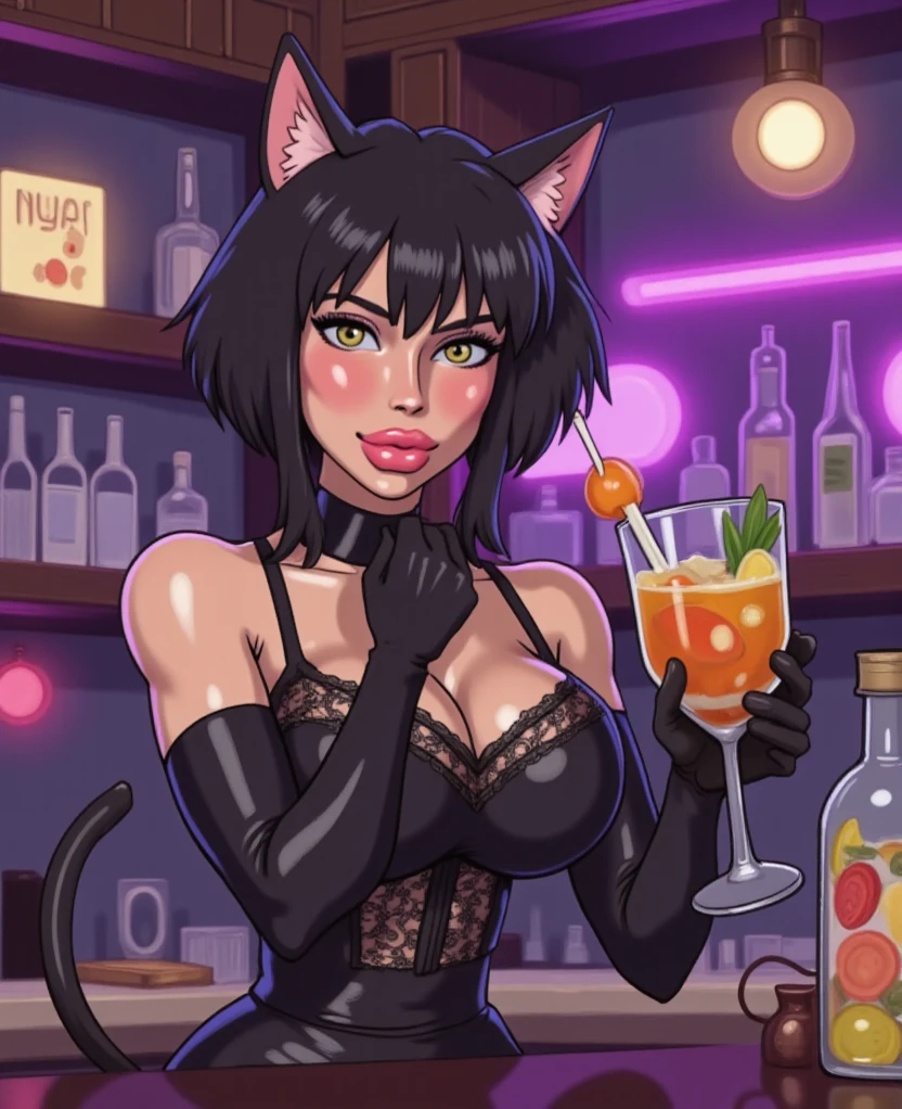 mujer diablita pelo cafe corto, Fondo negro con luna roja.