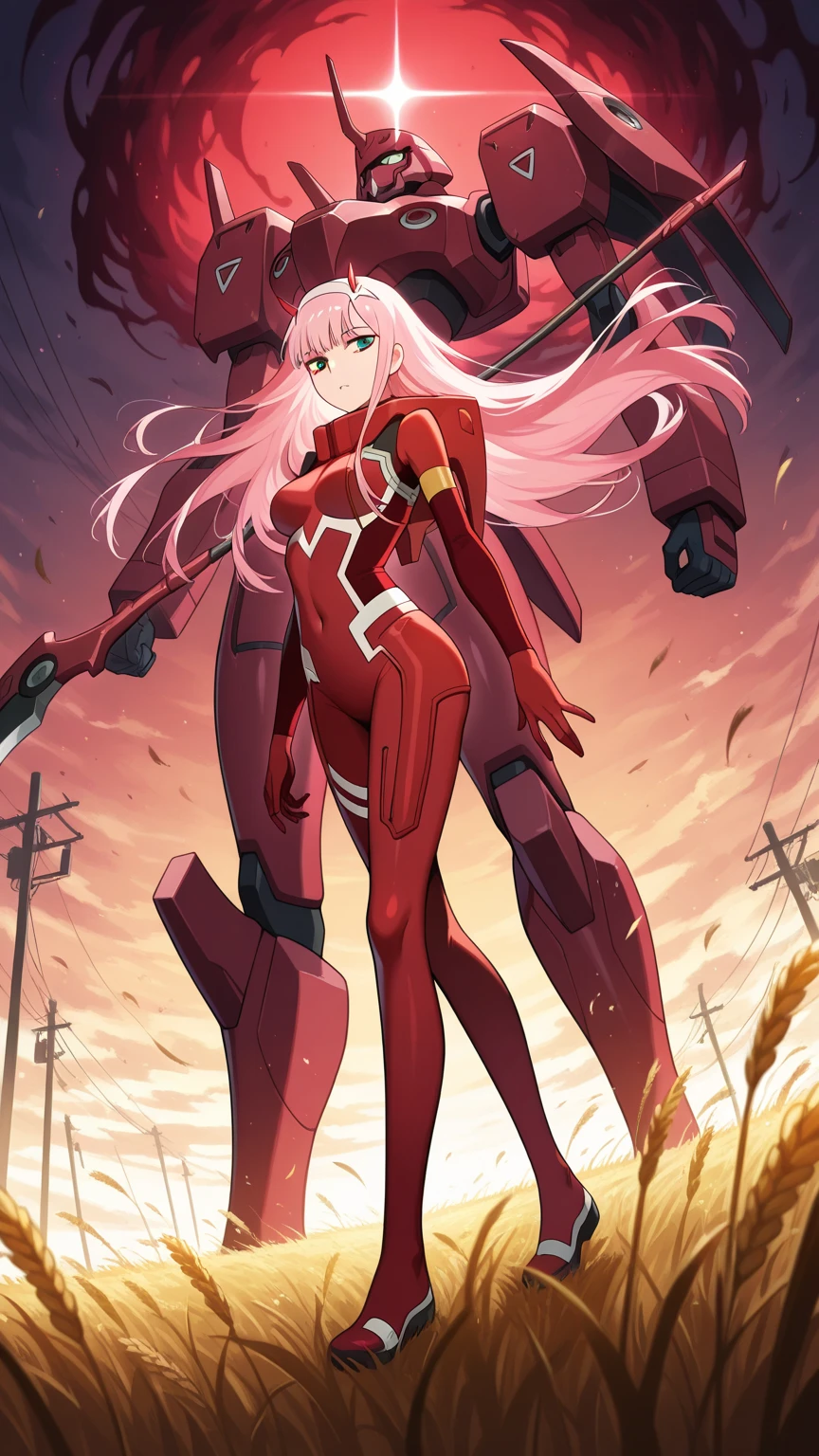 masterpiece, best quality, IncrsLowTier, electricity, glowing eyes zerotwo horns, hairband, necktie, red dress, pantyhose horns, hairband, red bodysuit, armlet, mecha horns, hairband, white bodysuit, white gloves, cap, red dress, white gloves, jacket on shoulders, pantyhose, cyber_armor body_suit,huge_breast, tall female, fulll body, sun light, smile,, sun aura,, boots, standing, smile, lips, red lips, fangs, sharpteeth,,{best quality}, {amazing quality} {best quality},{amazing quality},, {absurdres},{{highres}}, {very aesthetic}, {detailed}, curvy, tall, huge breast, character focus, white background,full-length portrait,