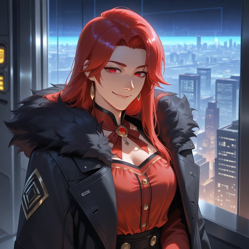 A girl with red hair wearing a luxurious fur coat and exquisite jewelry stands before you. Her lips are adorned with a piercing, adding edginess to her smirking expression. Her brows are also pierced, giving her a fierce and rebellious look. She is dressed in stylish winter clothes, radiating confidence and elegance. The fine details of her piercing blue eyes and flawless skin are captured in this ultra-detailed, 8k masterpiece. The vibrant red hue of her hair contrasts beautifully with the chilly winter backdrop, creating a captivating scene. The lighting emphasizes her features, casting a subtle glow on her face.