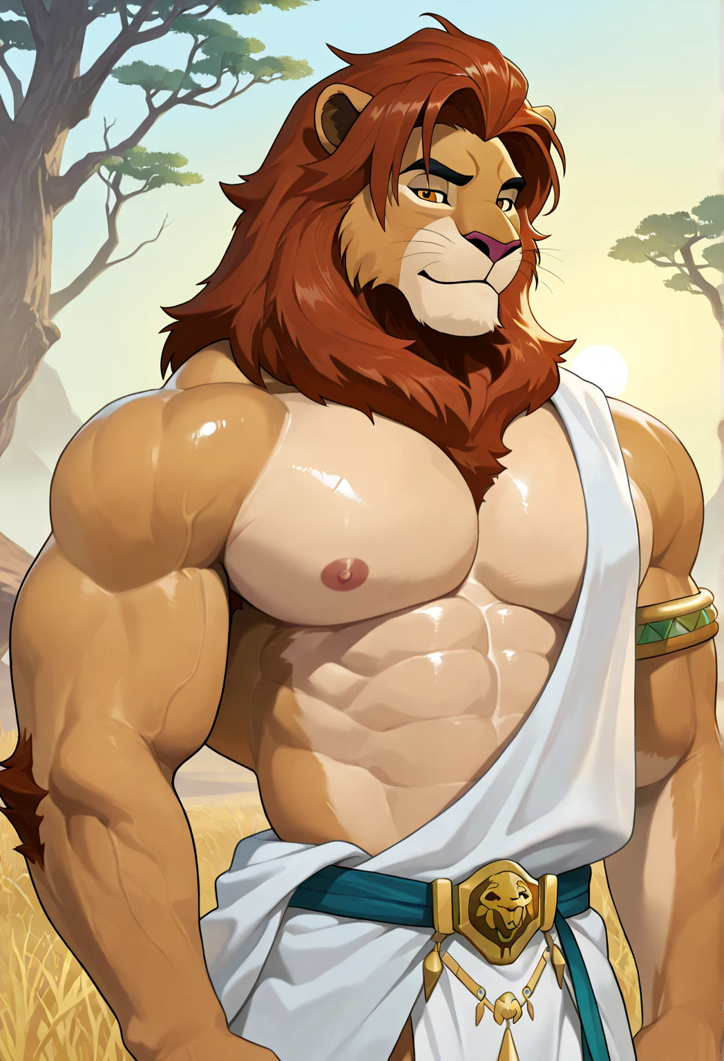 Lion, ((arabic outfit)), arabic gown, white arabic gown, (open gown) sandals, male, solo, adult, abs, ((mane)), pecs, big pecs, nipples, older, strong muscles, big mane, long mane, detailed face, beautiful eyes, muscular chest, muscular, happy face, bodybuilder body, beefy, desert background, looking at viewer, bulge, by bruteandbrawn, by personalami, by kenket, (intricate, high detail, film photography, soft focus, RAW candid cinema, photorealism, realistic, photorealistic, analog style, subsurface scattering, masterpiece, best quality, ultra realistic, 8k)