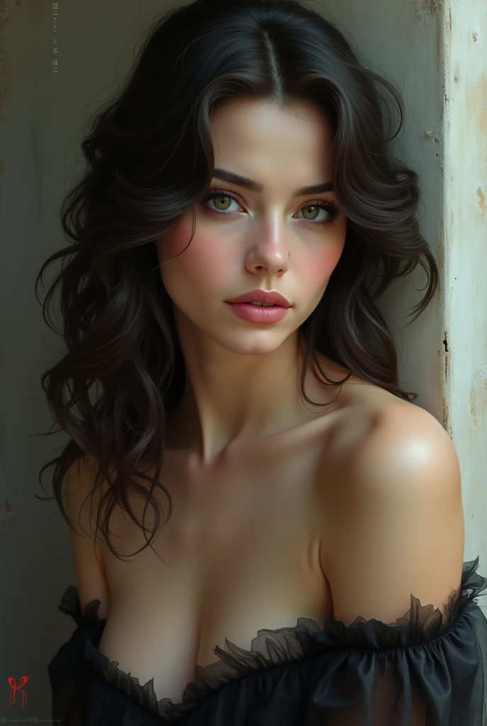 Beautiful, stunning, gorgeous, stunning woman, brown hair, green eyes, cleavage, slender legs, soft features, muse, goddess, realistic skin, extremely detailed photo of a strikingly stunning woman