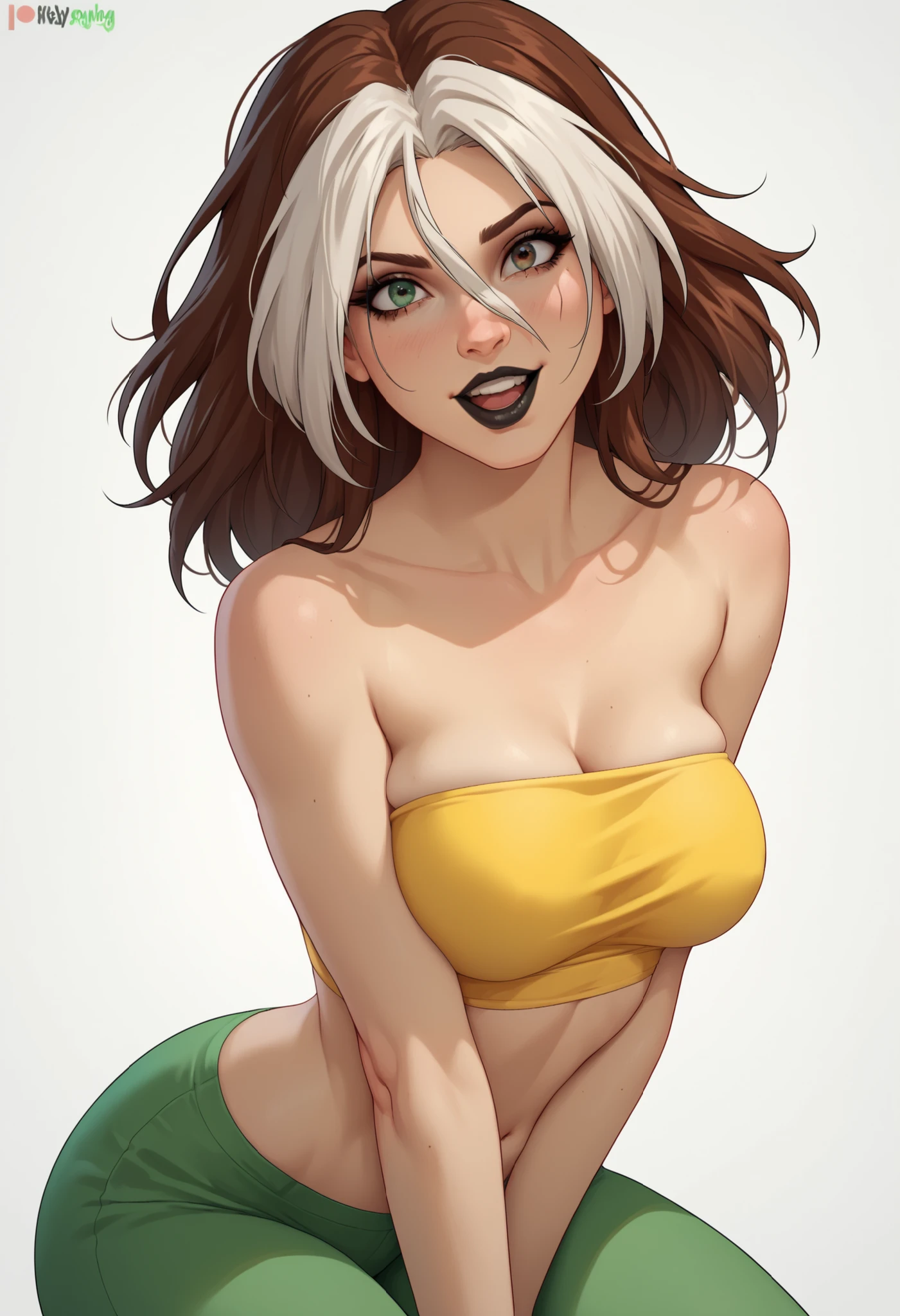 1 Girl, Medium Breasts, Half Orange Hair And Half Lime Green Hair, Split Hair Color, Two Hair Colors, Lime Green Eyes, Nice Eyes, Long Hair Style, Freckles, Nice Lips, Nice Nose, Pale White Skin, Smooth Skin, Uncaring, Sexy, Bitch, White Dress, Leaning Forward, Lots of Cleavage