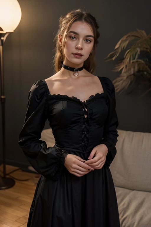 Portrait of a pale, young, skinny, seductive woman in a good mood, channeling a Wednesday Addams-inspired look. She stands confidently in the grand hall of an old castle, bathed in the flickering light of tall, ornate candelabras. Her sharp focus is on the camera, capturing a moment of gothic elegance with a hint of playful mischief.
She wears an intricate gothic ensemble: a black Victorian-style dress with high lace collar and puffed sleeves, adorned with dark velvet and delicate silver embroidery. The dress features a fitted bodice and a voluminous skirt that falls dramatically to the floor. She pairs this with a sheer black lace undershirt, subtly hinting at the layers beneath. Her braided pigtails are meticulously styled, adding a touch of whimsy to her otherwise dark attire. Her makeup is flawlessly gothic, with dark eyeliner, deep crimson lipstick, and a pale foundation enhancing her striking features.
The castle's interior is richly detailed, with dark wooden paneling, high arched windows draped in heavy, dark velvet curtains, and ancient stonework that adds to the gothic atmosphere. Candlelight casts flickering shadows on the stone walls, highlighting intricate tapestries and medieval armor displayed in the corners. Dust motes float in the warm light, adding to the cinematic quality of the scene. A grand staircase with ornate wrought-iron railings curves upward in the background, leading to a shadowy upper gallery.
Surrounding her, the room is adorned with gothic artifacts: an antique wooden piano with ornate carvings, a large, elaborately framed mirror reflecting the dim light, and a collection of old, leather-bound books scattered on a grand mahogany table. A pair of old-fashioned brass candlesticks and a vintage clock with intricate gears add to the ambiance. Gothic suits of armor and intricately carved wooden shields hang on the walls, while faded tapestries depicting ancient scenes add texture to the dark space.