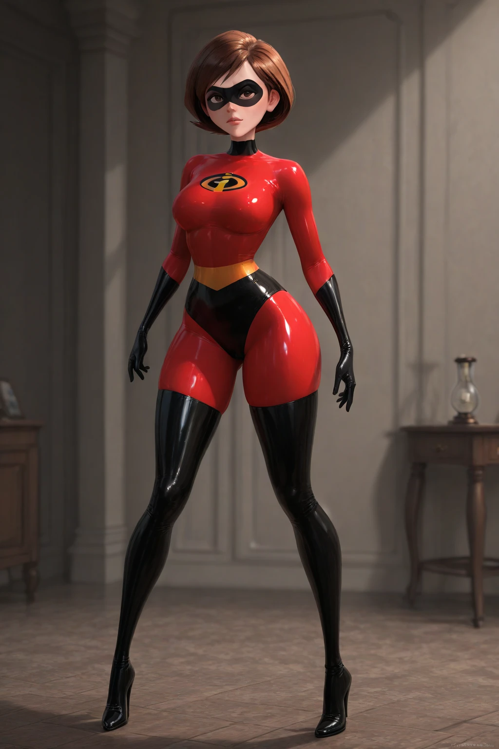 The Incredibles Elastigirl, perfect body, perfect body and face, , bedroom, perfect fake breasts, huge platform boots, platform boots, latex, slutty, sexy, full body shot