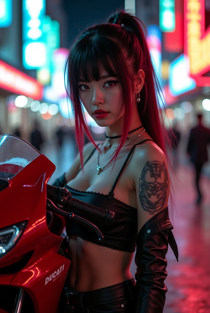 A stunning Japanese cyberpunk biker girl stands leaning against her powerful red and black Ducati Panigale V4 motorcycle, bathed in the vibrant glow of neon and electric lights. Her face is in sharp focus, with extremely detailed features, including long two-tone hair with bangs (black with red highlights) and striking red lips. Her tattered crop-top showcases an Evangelion anime-print design, accentuating her medium breasts and small waist. Tattoos adorn her skin, adding to the edgy atmosphere. God rays illuminate her stunning presence as she gazes directly at the viewer, exuding a sexy pose. The cyberpunk city street sprawls out behind her, bathed in hyper-realistic detail, with textures and shading creating an anatomically correct masterpiece worthy of retina-scanning quality, retina, accurate, masterpiece, super detail, high details, best quality, award winning, highres, HD, 4K, 8k, 16k, retina, accurate, masterpiece, anatomically correct, textured skin, super detail, high quality, award winning, highres, 8k, 16k