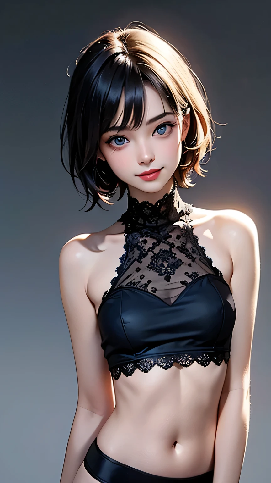Girl, android details, brown hair, short hair, blue eyes, huge breasts, makeup, Red Lipstick