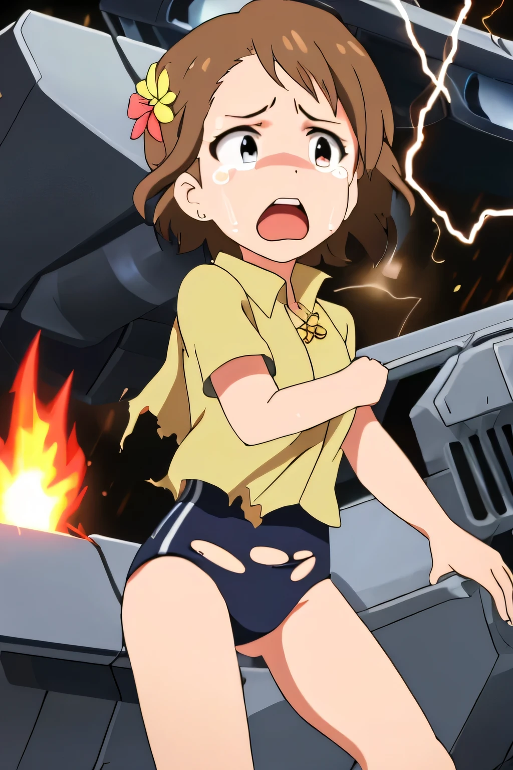Sitting Giant Girl、Make women bigger、Anime Style、Real Anime、Anime characters、naked、Embarrassed face、白いSigh、Heat、Excited woman、Sexy pose、Gravure idol、Adult Idol、Nude Model、smile、living room、blush、Show your body、Brown skin、Touching the chest with hands、Sweat、Sweatが流れる、Sigh、Dark atmosphere、Dark Sky、fire、Destroyed urban area、rubble