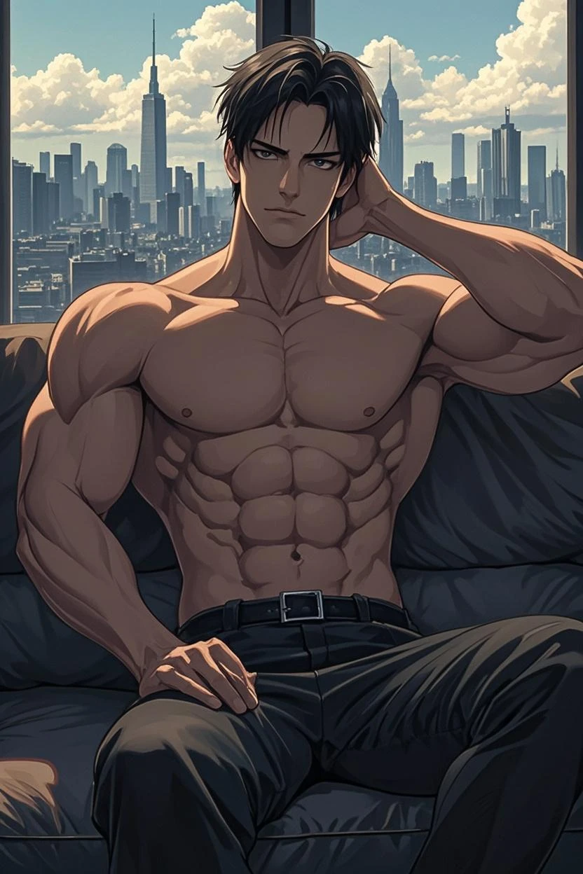 hair hair blue straight shirtless back chest naked dsnudo 15 years serious pensive man wearing the same boy, piel oscura cabello azul largo y lacio no mira al espectador, Third Shot mira a la ciudad de Nueva York, from 15 years old, Looking out from the gloomy city balcony, nunca mira ala camara. , Straight blue hair if shirt standing on a terrace looking at a strange city, tiene mirada triste guerrero diamante bl8ckIC