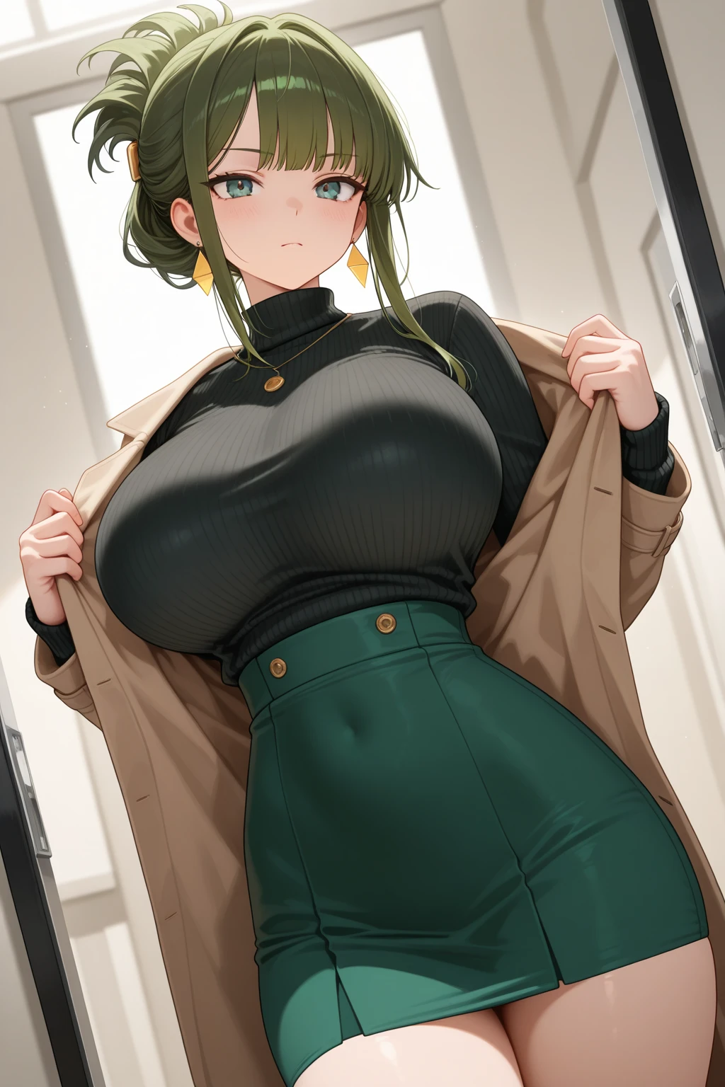(masterpiece, highres, high resolution:1.2), anime 20 yo girl, portrait, shoulders up, illustration. drawn, red hair woman, green eyes, blushing, solo, sad, sad face, freckles, big lips, huge breasts, perfect body, wearing a turtleneck sweater, anime girl, visible , visible nipples, shirt lift
