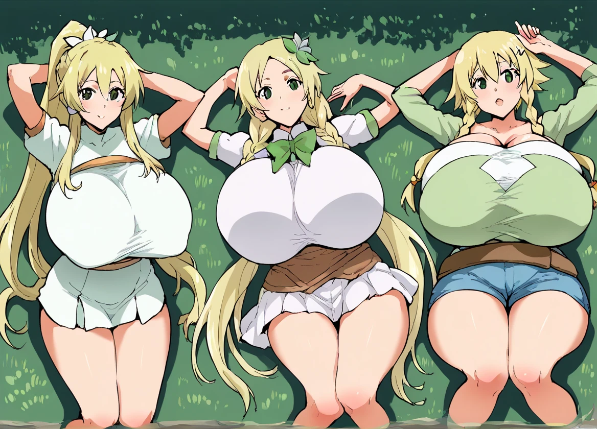 High resolution, Marikawa Shizuoka, 2 girl, ((bimbo))), long blond hair, yellow eyes, puffy lips, thick lips, wide hips, thick thighs, huge ass, enormous huge natural breasts, mature woman, open mouth, shiny skin, white panties, nude nipples, thick shaggy breasts, deserted island, jungle, legs, walking,