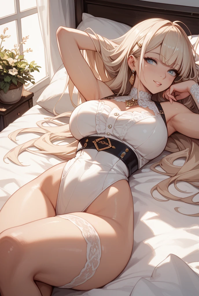 1 woman、solo、sensual, ((long blonde curly hair)), 8K, 4K, highest quality, High resolution:1.2), cute anime face, noise reduction, ((shining blue eyes, gentle smile, kind eyes))、toned abdominal muscles, muscular arms, muscular legs, young face, anime eyes, (((big breasts、Breasts that are about to burst)))、(((Bondage style)))、(((roll over and lie down)))、(((white thong thong)))