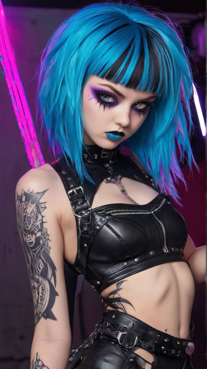a demonic metal singer with dark blue hair, black lips, detailed tattoos, ultra-sexy, full body view, on stage performance, (best quality,4k,8k,highres,masterpiece:1.2),ultra-detailed,(realistic,photorealistic,photo-realistic:1.37),dramatic lighting,dark moody atmosphere,intricate details,chiaroscuro lighting,dramatic posing,dramatic camera angle,dramatic shadows,deep contrast,gothic,dark fantasy,cinematic composition