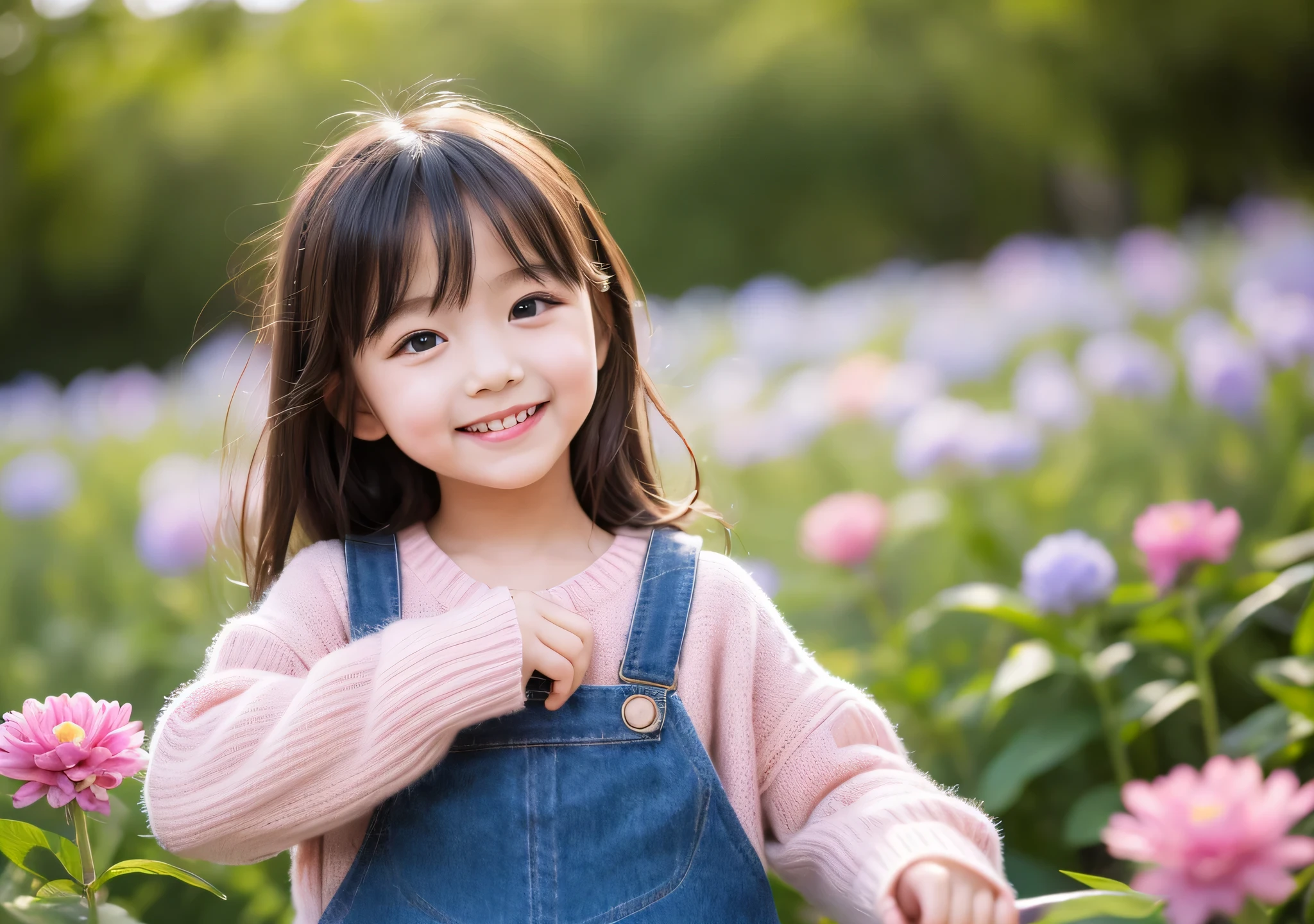 There is a baby sitting in a flower field looking at the camera, a stuffed dog, (black hair, 1.2), (blue eyes, 1.2), wearing a phoenix-patterned top, inheriting flowers on cheeks, excited, laughing expressions, facing the audience standing in the flower field, the girl in the flower, portrait of the girl in the flower field, the light of the movie,