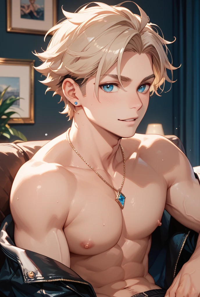 high quality, detailed, Realistic,(2boys:1.5), (17 years old tanned idol boys), (detailed blue eyes), (blond short hair), (abs), (tanned dark brown skin), night palace bedroom, (black tiny thong), (bulge), (detailed nipples), detailed areola,best quality,4k,8k,highres,masterpiece:1.2),ultra-detailed,(realistic,photorealistic,photo-realistic:1.37), looking at viewer,smirk,face close up, --no watch,