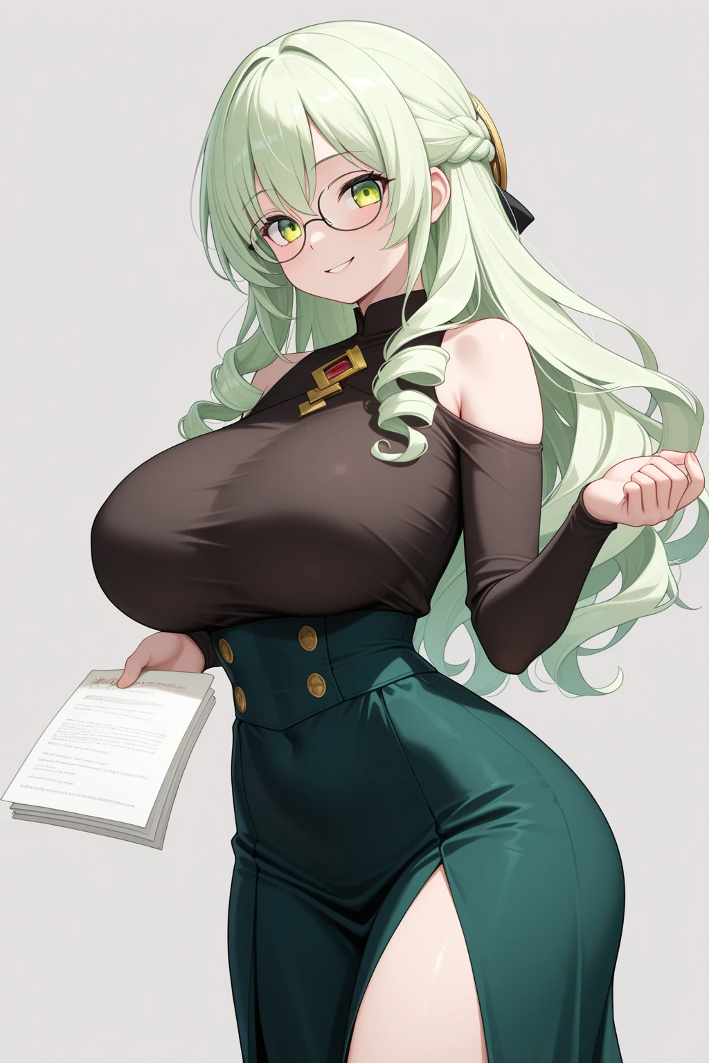 One Woman、Braided twin tails、Huge breasts、（Huge breasts：1.8)、Glasses、blue eyes、Green Hair、See-through robes、、Sister clothes、Eyepatch bra bottom only、Tie pants、Posing seductively