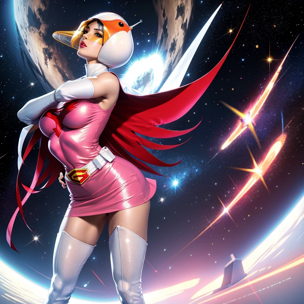 Year_Classic_Jun_Gatchaman_myself,One girl, 18-year-old,Excellent anatomy, masterpiece, Highest quality,Realistic, hyperRealistic, 16k hdr,
Long Hair,chest,Green Eyes,lips,large chest,lipstick,compensate,gloves,Cape,Helmet,belt,elbow gloves,white gloves,mask,Ultra mini skirt,leotard,Spacesuit,White legwear,Pink Dress,Superhero,Bodysuits,chestの谷間,Erect nipples,(Fighting Pose,Kick:1.3),From below,(Spread your legs:1.1),Camel Toe,Sweat,smile,Spaceship,Nipples are visible through the,Raise your hand