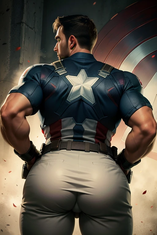 Male Captain America with a comically massive ass, huge butt, mega glutes, big ass, round ass, giant ass, wide ass, in Captain America uniform, huge ass, giant butt cheeks, America’s ass, thicc, thick ass, thick legs, guy with bubble butt, boy bubble butt