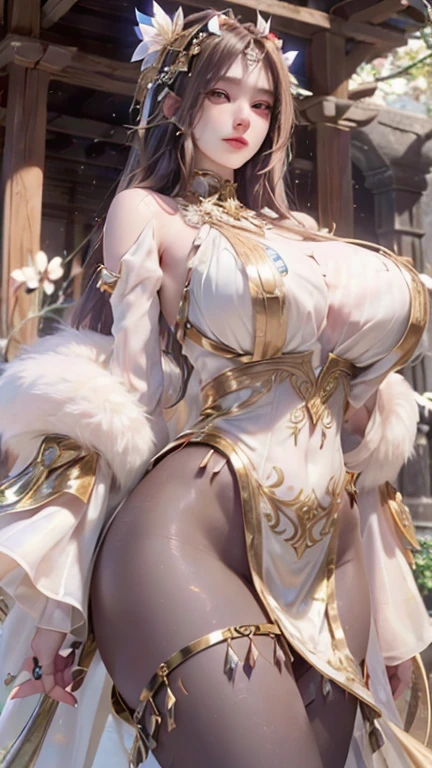 tmasterpiece,best qualtiy,super fine illustrations,Extremely refined and beautiful,Movie Angle,floatking,beatiful detailed eyes,Detail light,电影灯光,Exquisite sky,pretty skin,Shiny skin,perspired,woman,(Thin:1.5),(huge tit:1.5),areola of breast,tit,(A sagging breast:1.5),Bulging breasts,small-sized buttocks,Slender thighs,brunette color hair,eBlue eyes,high ponytails,glowing light eyes,trpical garden,Full body portrait of the vista