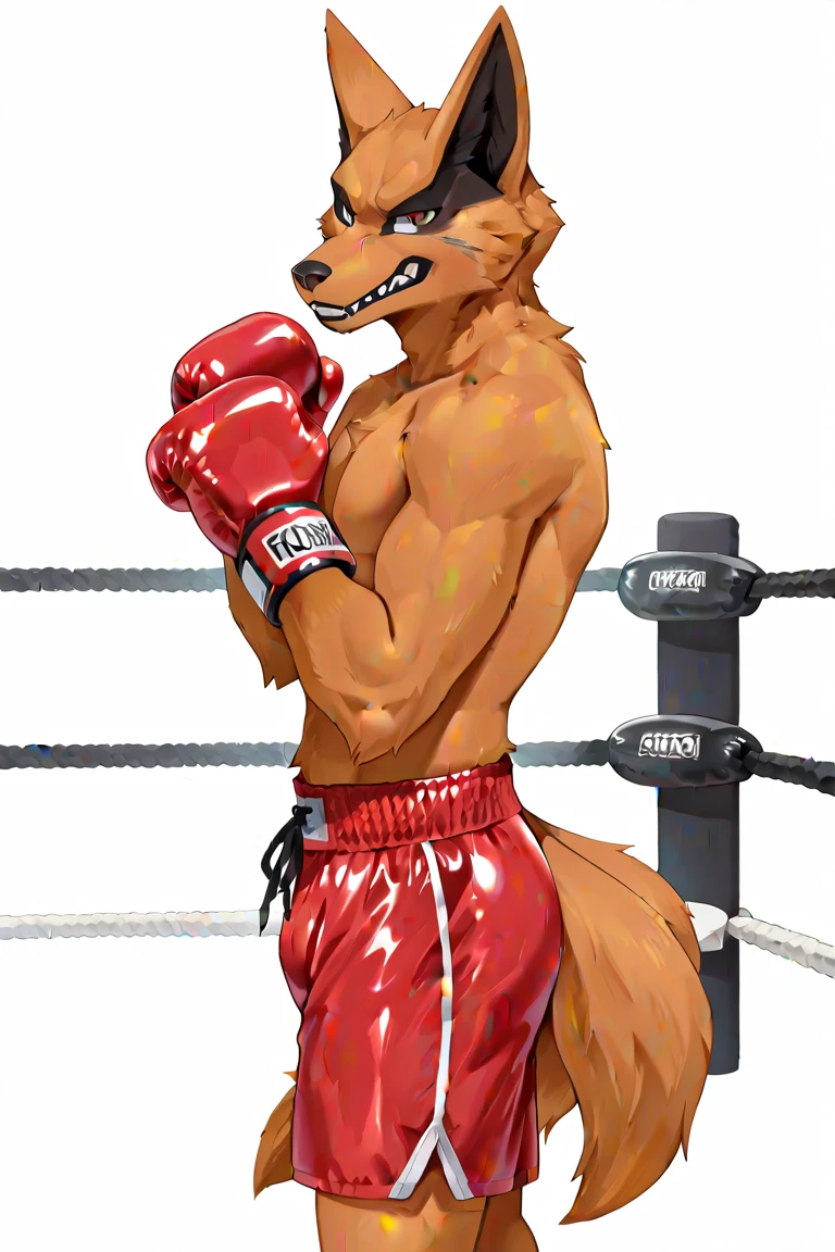 A wolf wearing a (motogp racing suit)redsuit, hug on a punchbag, started showing a real dick, straight up erects dick, moaning face, dick with boxing glove, cum explode on wolf dick