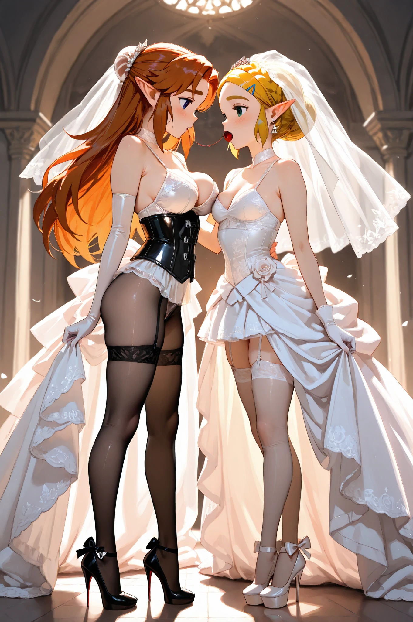 (((2female)), (sonia and nessa posing together, facing each other, close together, arms around each other) (sonia: (((red hair))), side ponytail, heart hair ornament, large breasts, Wedding BJD, wedding dress, showing stomach, white lingerie, stockings, choker, veil, garter belt), (nessa, dark skin, dark-skinned female, smiling, ((hair tied up, single large hair bun, dark skin woman, tanned, darker skin, large breasts, Wedding BJD)), wedding dress, showing stomach, one hand behind head, swinging hip to one side, stockings, choker, veil, showing stomach, white lingerie, garter belt), (outdoor background, at sunset, golden light, perfect lighting, lots of nature, plants,), sweating, glistening sweat, best quality, detailed background, large breasts, gigantic breasts, cleavage, showing thighs, veils,