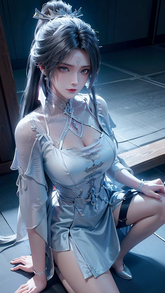 masterpiece, (photorealistic:1.5), best quality, beautiful lighting, real life, ganyu \(genshin impact\), 1girl, ahoge, architecture, bangs, bare shoulders, bell, black gloves, black pantyhose, (blue hair), blush, breasts, chinese knot, detached sleeves, east asian architecture, flower knot, gloves, horns, long hair, looking at viewer, medium breasts, neck bell, night, outdoors, pantyhose, purple eyes, sidelocks, solo, tassel, white sleeves, (ulzzang-6500:0.5) , intricate, high detail, sharp focus, dramatic, beautiful girl , (RAW photo, 8k uhd, film grain), caustics, subsurface scattering, reflections ,