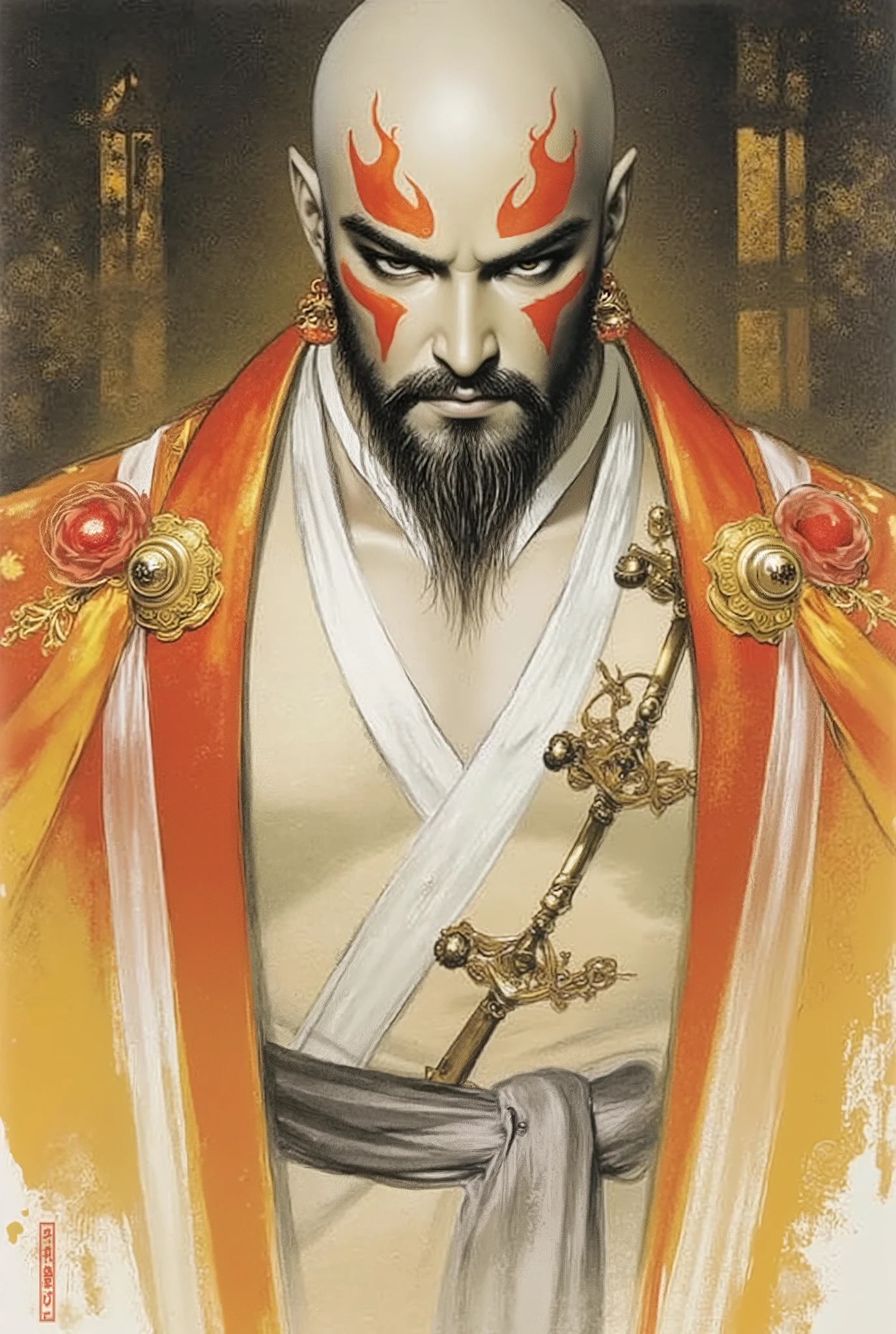 A bald middle-aged man, bold eyebrows, large and round eyes, he has a full beard, flame-shaped war paint on his face, a fantasy-style Chinese robe with intricate silk ribbons and decorations, a light-colored bodysuit, matching trousers, the scene is set in a majestic Chinese hall, this character embodies a finely crafted fantasy-style aristocratic in anime style, characterized by an exquisite and mature manga illustration art style, high definition, best quality, highres, ultra-detailed, ultra-fine painting, extremely delicate, professional, anatomically correct, symmetrical face, extremely detailed eyes and face, high quality eyes, creativity, RAW photo, UHD, 8k, Natural light, cinematic lighting, masterpiece:1.5
