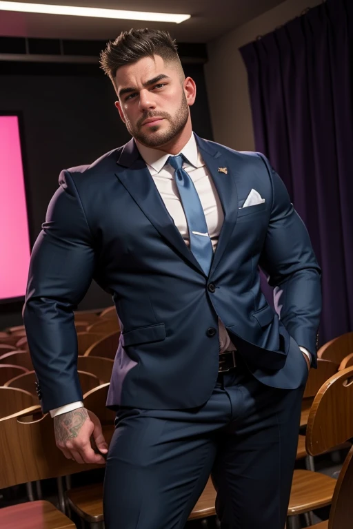 (best quality, highres, detailed:1.2), realistic, detailed face, 28 year-old handsome american man in a modern suit, strikingly clear, cool, looking into the camera, shining eyes, perfect physique glistening with sweat, gel-covered, large penis ejaculating, artistic portrayal, vivid colors, professional photography, dark and moody lighting,hunk man,