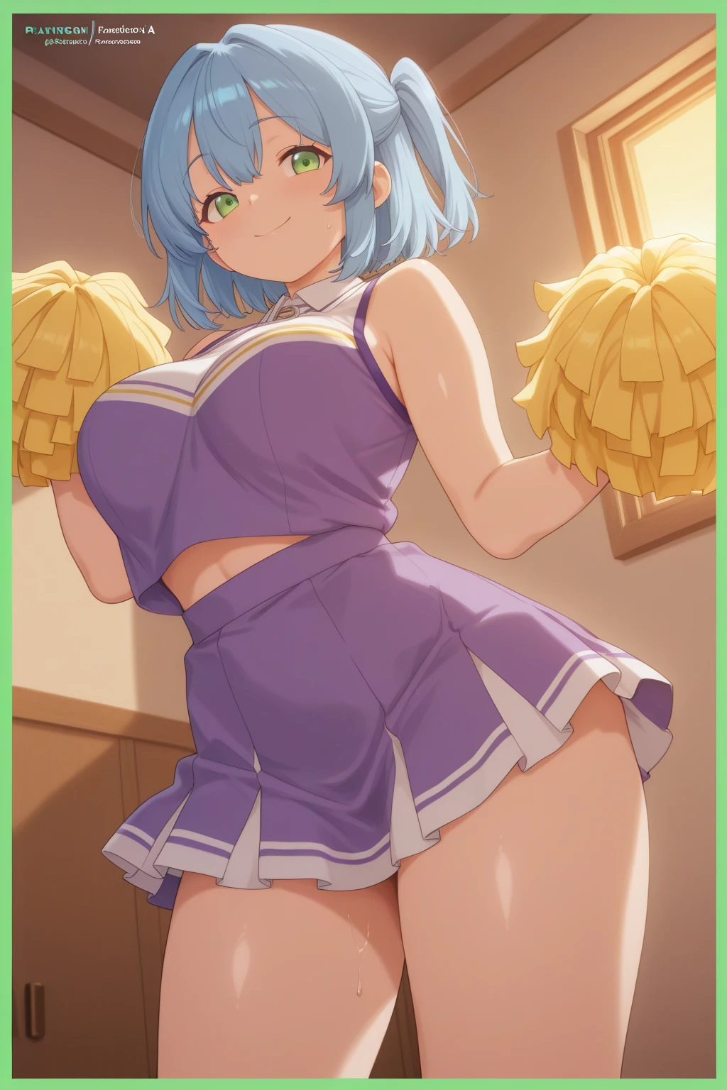 front、Cowgirl、Ultra-detailed illustrations、Ultra-precise expression、masterpiece、Highest quality、ultra High resolution、High resolution、Hiromitsu Takeda Style、White background、Simple Background、One girl、solo、Mash Kyrielight、light purple hair、short hair、hair over one eyes、Purple Cheerleader、frilled skirt、separate、Choker of Hearts、White Breath、Sweat、sex、One breast is visible、agegao、Leg spread、Squat、