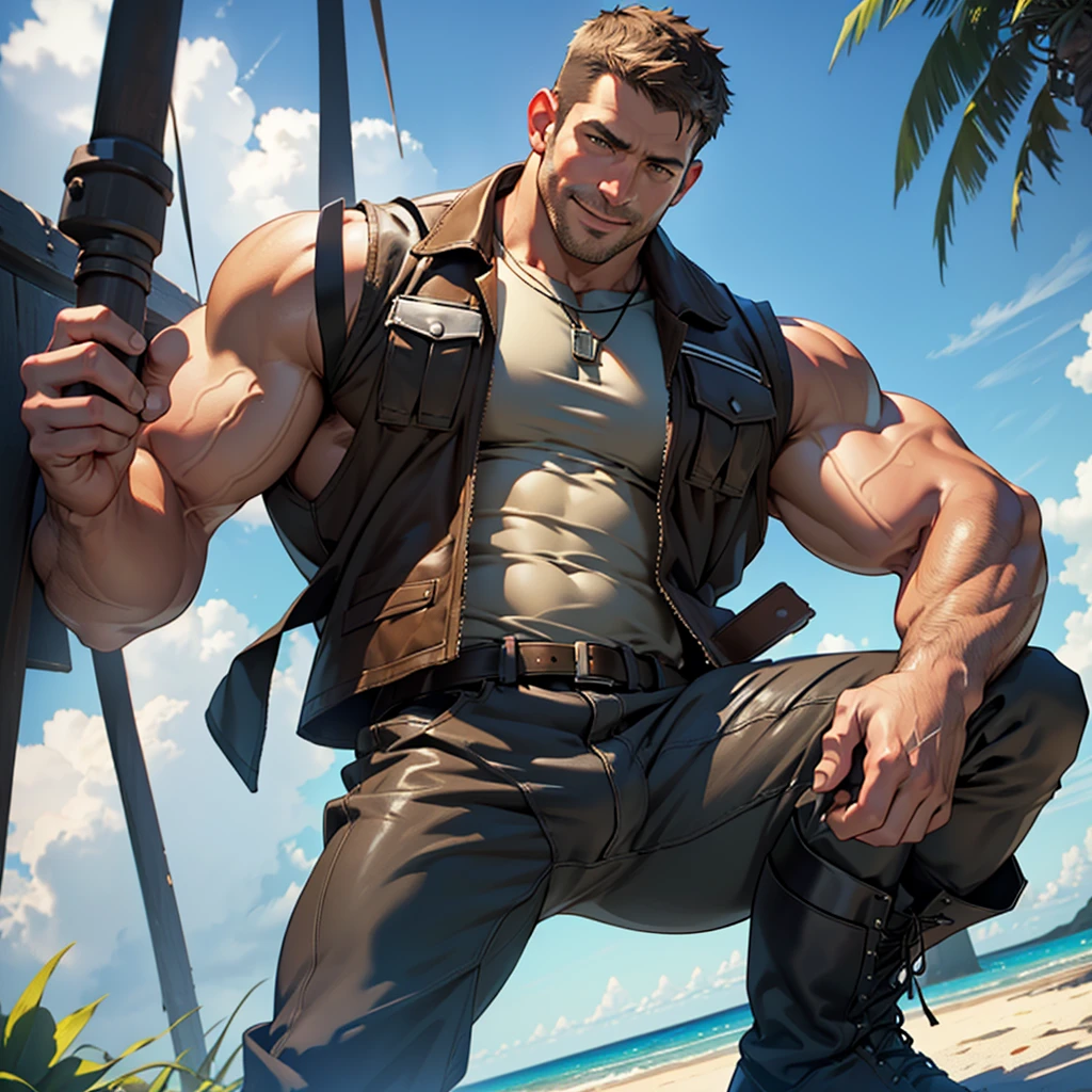 NSFW, An award-winning original photo, 1 man, solo, ((41 year old)), Chris Redfield, ((daddy TOTALLY NAKED, SHOWING A SERIOUS COCK )) , ( A BROWN LEATHER VEST ), (BROWN BOOTS ), muscular male, tall and hunk, biceps, abs, SMILING face, best quality, masterpiece, dynamic angle, beach in the background, detailed face, volumetric lighting, center focus, from below,(Best quality, A high resolution, Photorealistic), Cinematic lighting, Masterpiece, RAW photo, Intricate details, hdr,