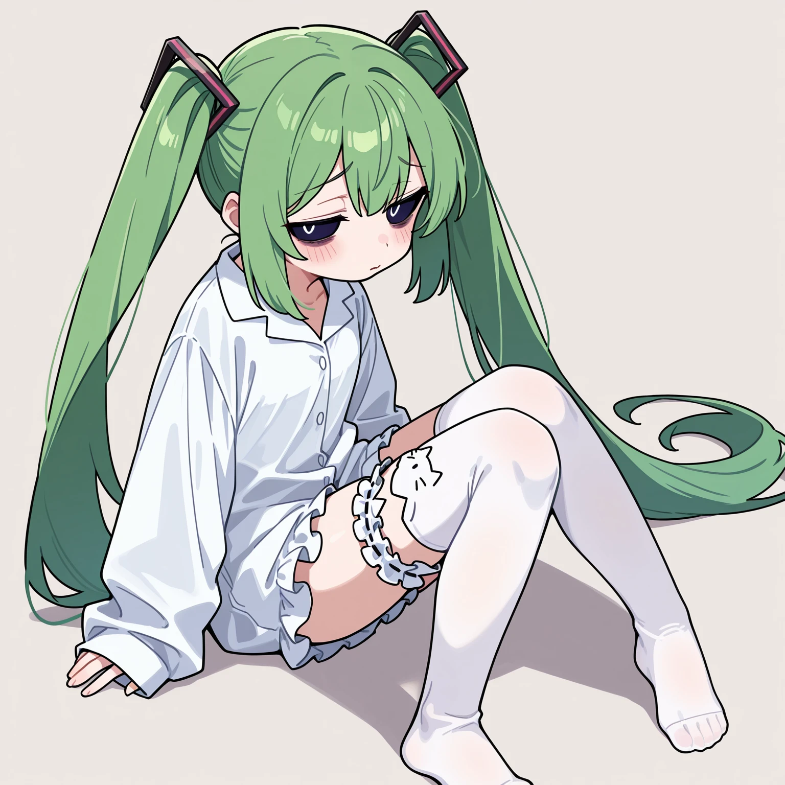 Black hair twin tails,White ribbon,Shaved,Small breasts,Stripes々a woman wearing socks, 2b, 2b ..., Obscene, 不気味A pose, Anime guy squatting, Pubic Pose, 淫らA pose, Obedient, Mr.々A pose, Neutral Pose, Suppressed, Clitoral piercings with metal balls,A drawing of a chain and a ball,Nipple piercings with chains,Fold your hands behind your body