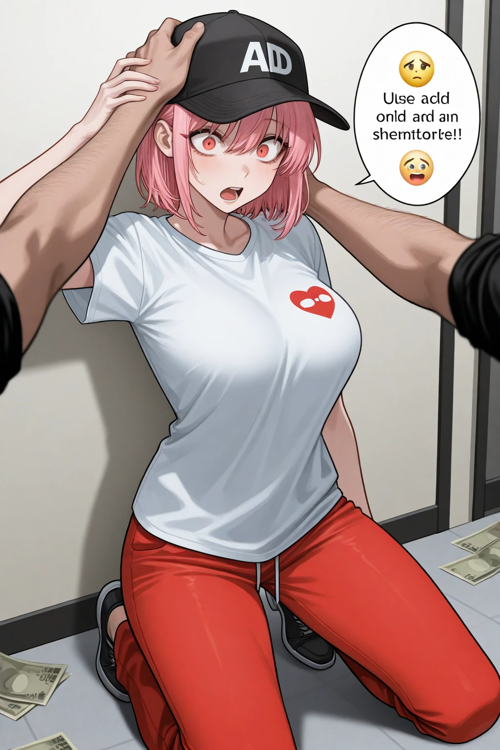 scissorhold, leg lock, full body shot, between thighs, white background, thick thighs, pink gamer, piggyback, full body, please full body, hands on thighs, ahegao