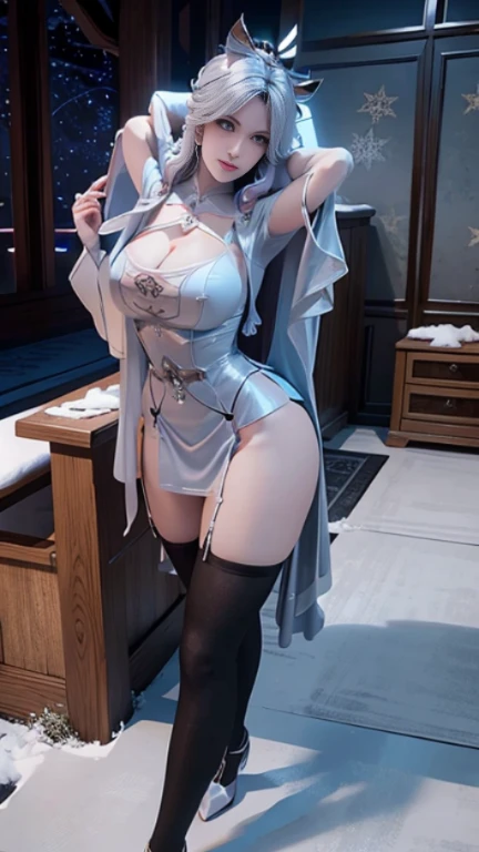 see through clothes(Full body female love:1.3)，best quality, masterpiece, ultra high resolution, (lifelike:1.4), original photo, 1 female,18 years old,high school unform,black over knee sox