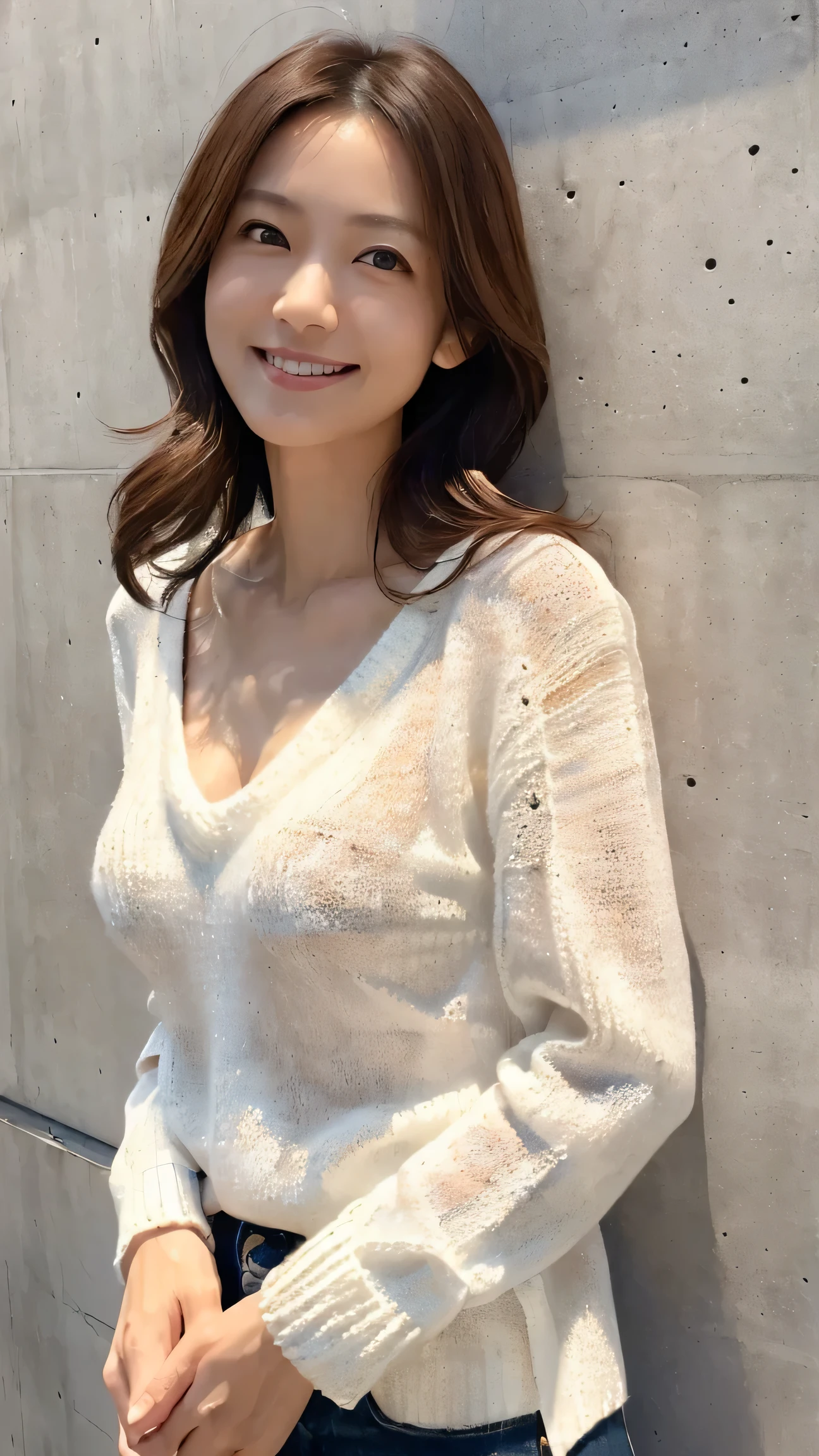 (Best Quality, 8k, 32k, Masterpiece, UHD: 1.2), Cute Japan Woman Pictures, Small, Very Short Bob Hair oversized_sweater, Upper Body, Necklace, Simple Background, Look Around, Smiling, Underwear, Lingerie