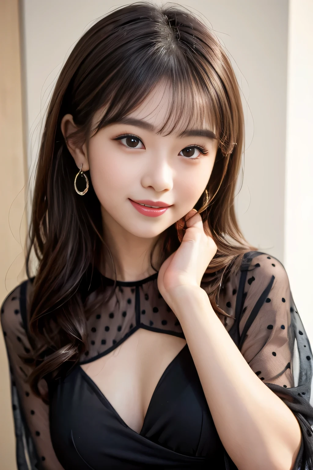 1 girl, alone, pantyhose, Brown Hair, Squat, Brown eyes, Super Micro Mini Skirt, Looking at the audience, OL, indoor, Long Hair, shirt, bangs, Black jacket, blush, 白のshirt, Hair between the eyes, Short sleeve, Put your hands on your face, Lips parted, Large Breasts, Brown pantyhose, Black lace underwear, Big Breasts, Cleavage, choker, smile, Black pantyhose, Open your mouth, Put your hand on your cheek, beautiful girl , doggy style, In 8K, Ultra-high resolution,RAW Photos, (Tabletop:1.2), (highest quality:1.2), Realistic, Photorealistic, Sharp focus,Professional、Nogizaka Idol、Korean Idols、Burning idol pose、、Age 25、expensive, Glamour、~ side、