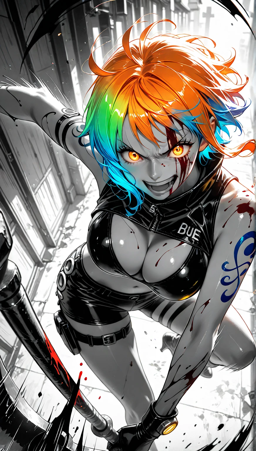 tattoo girl, very beautiful, murderous, Harley Quinn, crazed look, dark background, 8K, dynamic wallpaper, very delicate, very dense, creepy smile, close up to camera, holding weapon