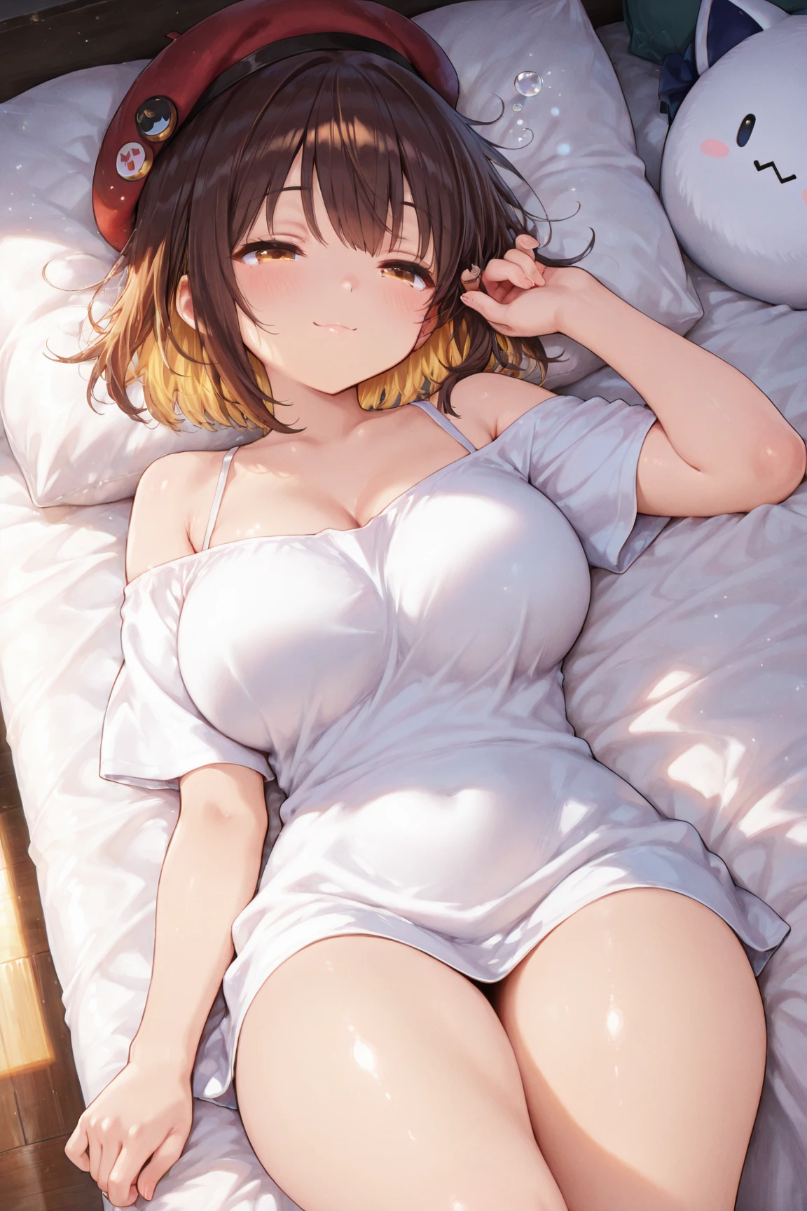 Amazing portrait of a sexy woman with a beautiful face and a short bob hairstyle with a  seductive gaze and blushing intensely with her parted lips being desperate and flustered and lustful wearing an orange t shirt on bed