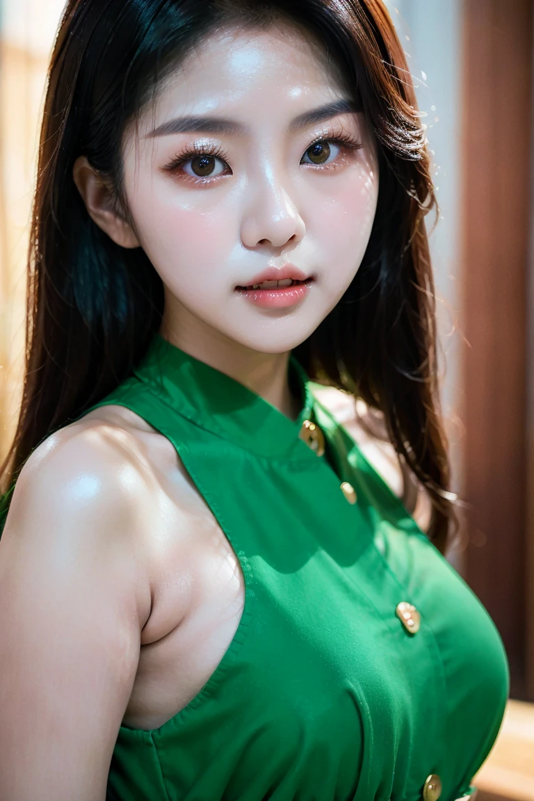 high quality, 最high quality, Detailed face, Fine grain, Detailed body, Fine hand, Detailed fingers, whole body, salary, Place your hands behind your head, Put your arms behind your head, Green Eyes, Grin,  are visible、Completely 