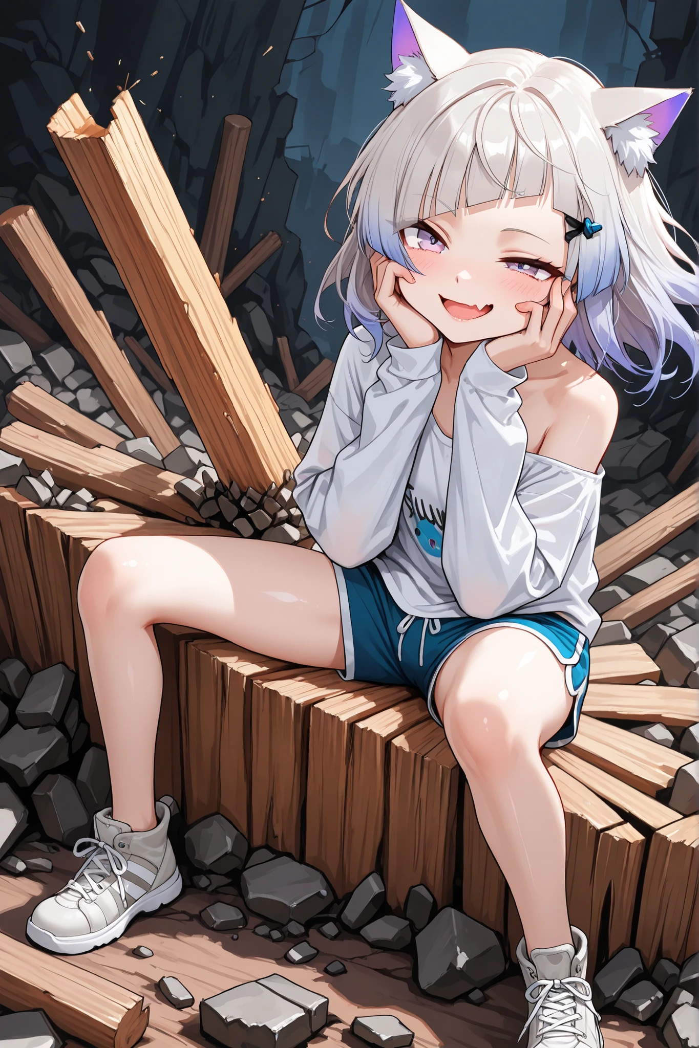 ((Masterpiece)), ((best quality, amazing quality)) ((very aesthetic, absurdres, newest, detailed background)), (8K), ((1girl)), cute young Girl, (Healthy Gaunt body, Textured skin, small breast, face up), (pale purple eyes, gradient eyes, looking at side, uneven eyes), (platinum-gold hair), (diagonal bangs), gradient hair, blue color Hair Tip, (medium hair), (open mouth wide, skin fang, seductive smile), blush, (cute cheeks), glossy lips, pouty lips, (lower eyelashes), tilt head, (put on cat ears), Beautiful collarbones, BREAK, ((Frayed loose Long Sleeves shirts, ragged Long Sleeves, bare left shoulder, bare neck)), cute dolphin shorts, bare legs, Thick-soled Sneakers, ((hands on the cheeks)), ((loose sitting on the scrap wood, legs apart, wind blow, rubble)), Collapsed cliff, Vast forests spread out below, sunnyday, outdoor the Collapsed nature staircase,