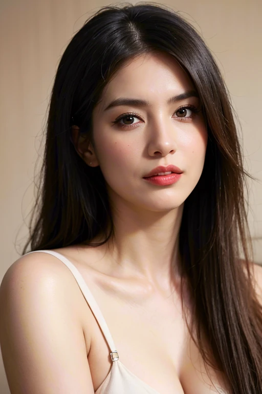 Create an image of a beautiful American woman in her 20s or 30s. She has long, flowing hair and is wearing a high . Her body is glamorous with large breasts and a big butt. She has a smiling.The whole body is shown.