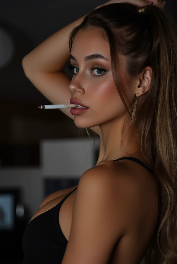 photo of a beautiful woman wearing short shirt with sexy tight dress, (licking a 20 cm dildo:1.8) (malibu stacy:1.8), (((she is a erotic supermodel:1.8))) bedroom, braids blond hair, slim body,  looking at the camera, shallow depth of field, gyat, full body, high heels Mix a horny blonde stripper naked nude (Isabella Deltore, Ursula Karven, blonde Behati Pinsloo und blonde Meghan Markle), Sun-tanned skin, Hairline,with many blonde streaks, bleached blonde hair, , , Blonde with many blonde streaks, pointed nose, bleached hair, 45 years old, lifted face, Nose for Plastic Surgery, Vampir-Lifting, Pores on the cheeks, broad nasal bone, Eye wrinkles, small laugh lines, Hautpo, Pointed cheekbones, High cheekbone, Almond eyes, Schmale Almond eyes, Smokey Eyes Make-up, Vamp Make-up, Subscribe to, brownish skin, Surgical lips, detailed face details (freckles, folds, Hautporen) Full body picture of a little smile), (detailed realistic face), (((Hyperdetailed))), symmetrical face, detailed students, expressive make-up, Real photography, modern look, Real photography (realisti:1.5); Strong Dark Eye Makeup Vamp Mascara, long black dark eyelashes, , Show hips, Confident Pose, dominant woman , black eyeshadow, spectacular show make-up, Image grain, pixel grain, high contrast, Hips posing, sexy hips, Full body shot, long legs, sexy legs, large , large , busty, She presents her body , provocative for the viewer, sexy attitude, Fishnet stockings, living room, perfect legs human, sex:1,9, Not suitable for work:1.9, porn:1.8, Masturbation:1.8, horny:1.9, dildo:1.7, vagina:1.9, ((she presses her breasts and concentrates on it:1.8))