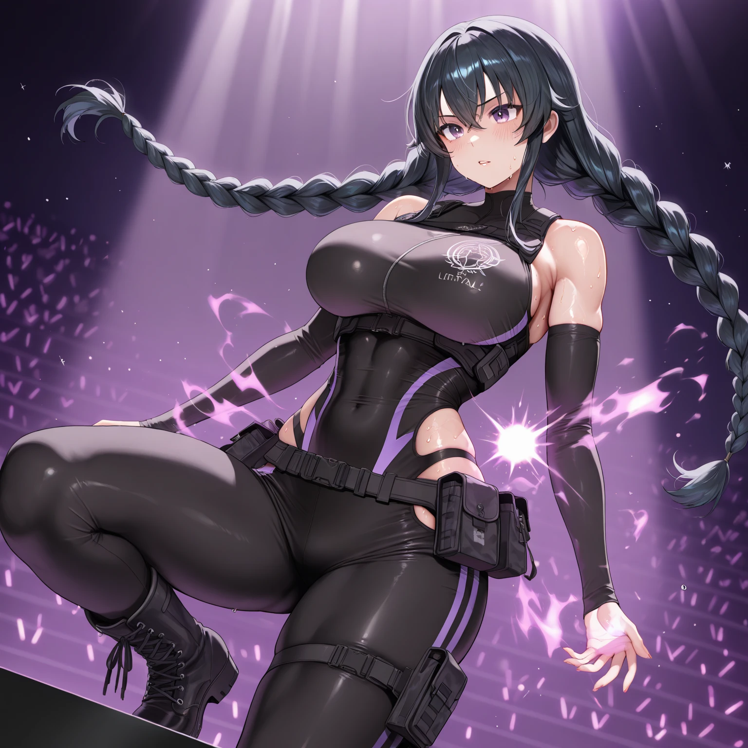 (masterpiece art, high best quality image, very detailed features) female wrestling, solo character
1Beautiful 21 years old girl, beautiful bully beautiful menacing face, light blue eyes, black hair tied in two in short pig-tails with two pink ribbons tidying the pig-tsils, big breasts, beautiful figure, big glutes, arrogant sadist smiling bully, (purple and green one-piece swimsuit, long green leather books), Agresive violent demeanor
Dirty gym